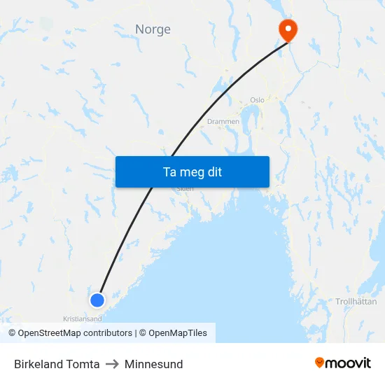 Birkeland Tomta to Minnesund map