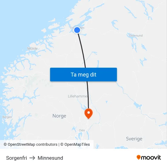 Sorgenfri to Minnesund map