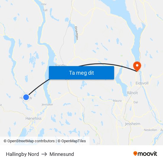 Hallingby Nord to Minnesund map