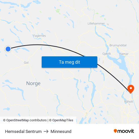 Hemsedal Sentrum to Minnesund map