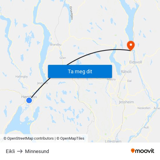 Eikli to Minnesund map