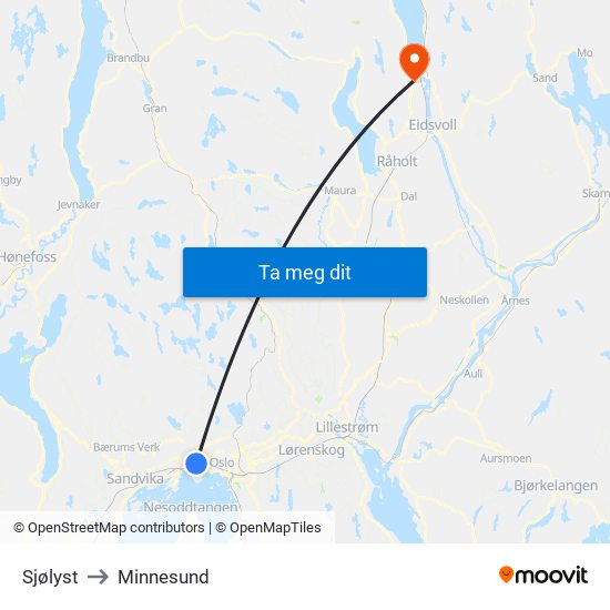 Sjølyst to Minnesund map