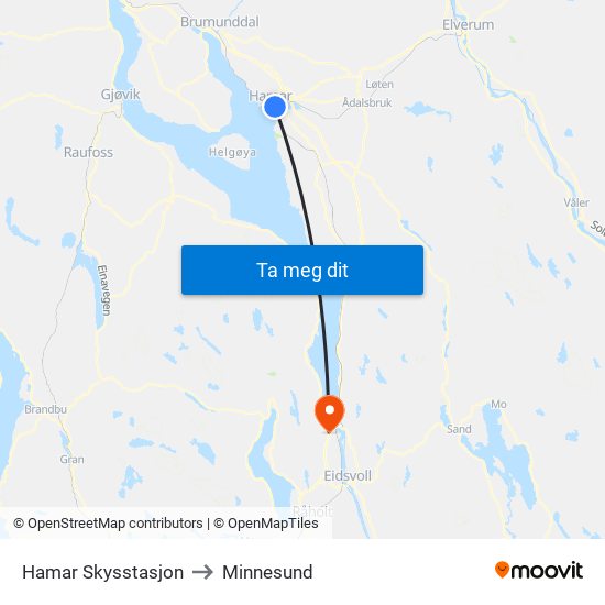Hamar Skysstasjon to Minnesund map