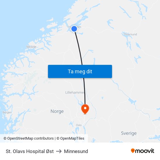 St. Olavs Hospital Øst to Minnesund map