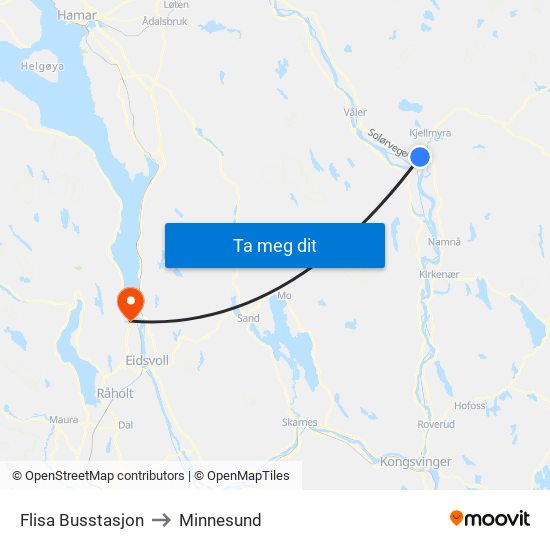 Flisa Busstasjon to Minnesund map