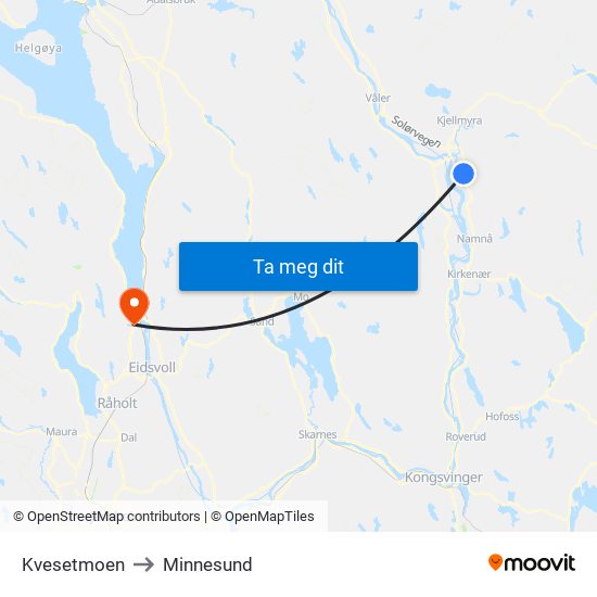 Kvesetmoen to Minnesund map