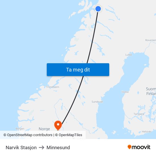 Narvik Stasjon to Minnesund map