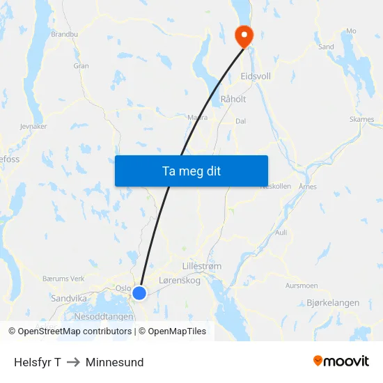 Helsfyr T to Minnesund map