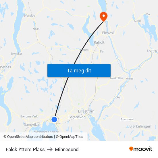 Falck Ytters Plass to Minnesund map