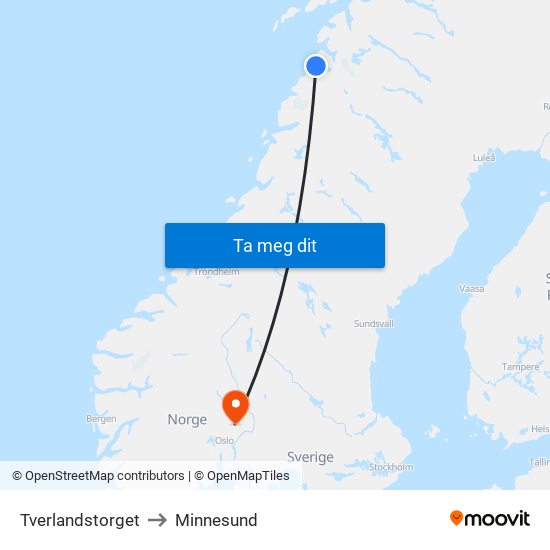 Tverlandstorget to Minnesund map