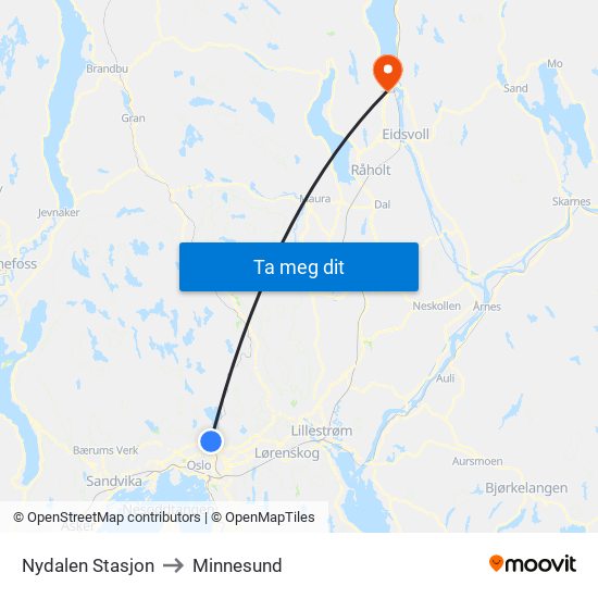 Nydalen Stasjon to Minnesund map