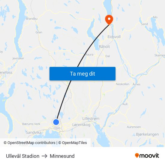 Ullevål Stadion to Minnesund map