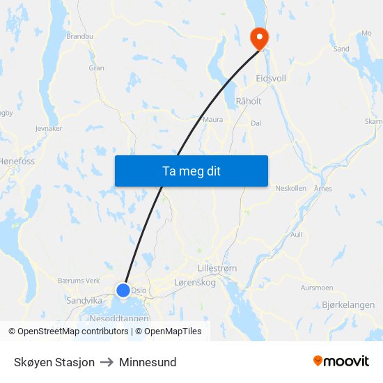 Skøyen Stasjon to Minnesund map