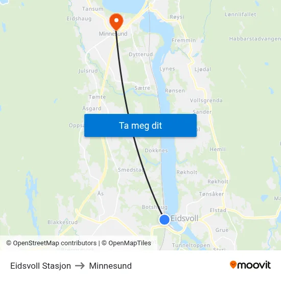 Eidsvoll Stasjon to Minnesund map