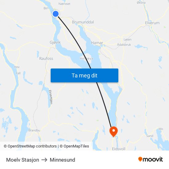 Moelv Stasjon to Minnesund map