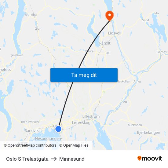 Oslo S Trelastgata to Minnesund map