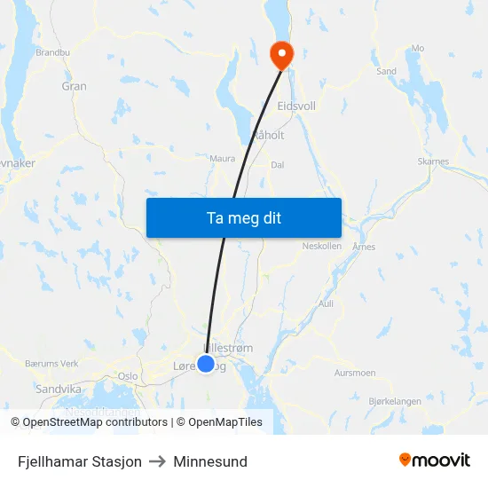 Fjellhamar Stasjon to Minnesund map