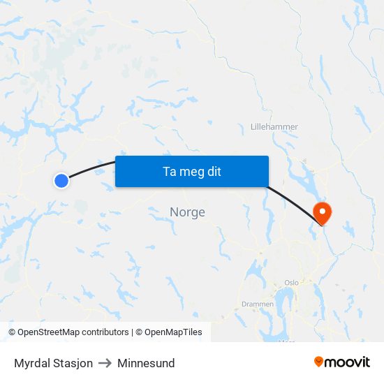 Myrdal Stasjon to Minnesund map