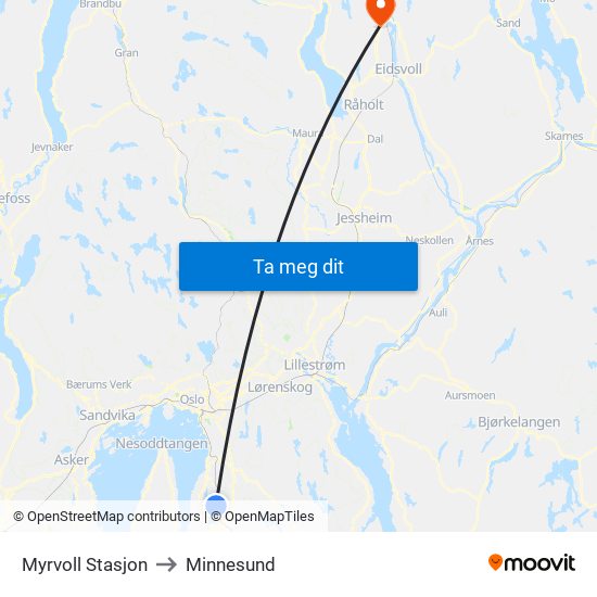 Myrvoll Stasjon to Minnesund map