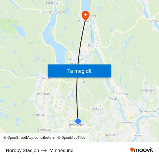 Nordby Stasjon to Minnesund map