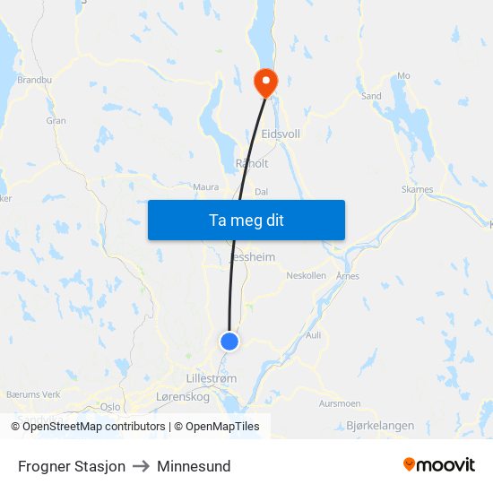 Frogner Stasjon to Minnesund map