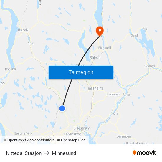 Nittedal Stasjon to Minnesund map