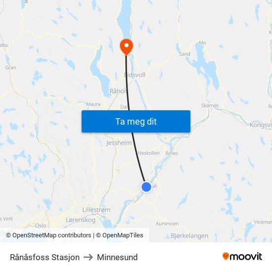 Rånåsfoss Stasjon to Minnesund map