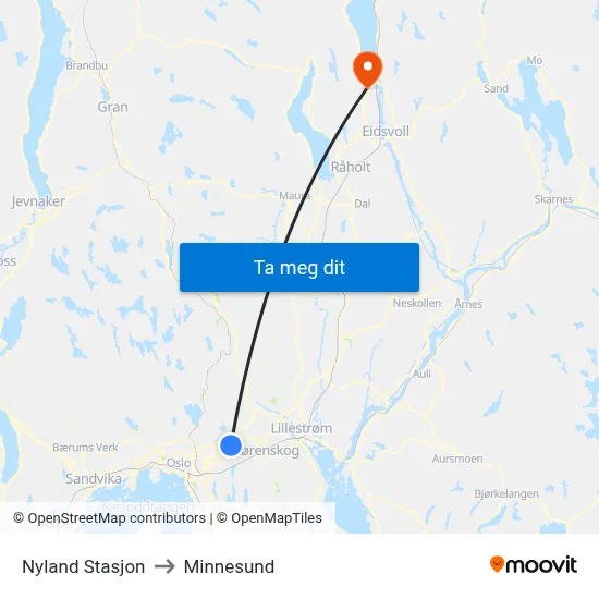 Nyland Stasjon to Minnesund map