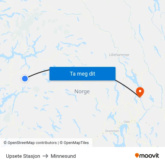 Upsete Stasjon to Minnesund map