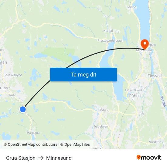 Grua Stasjon to Minnesund map