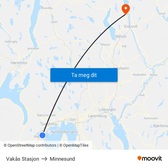 Vakås Stasjon to Minnesund map