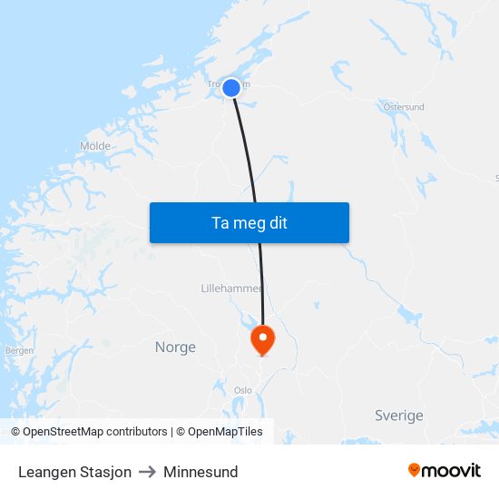 Leangen Stasjon to Minnesund map