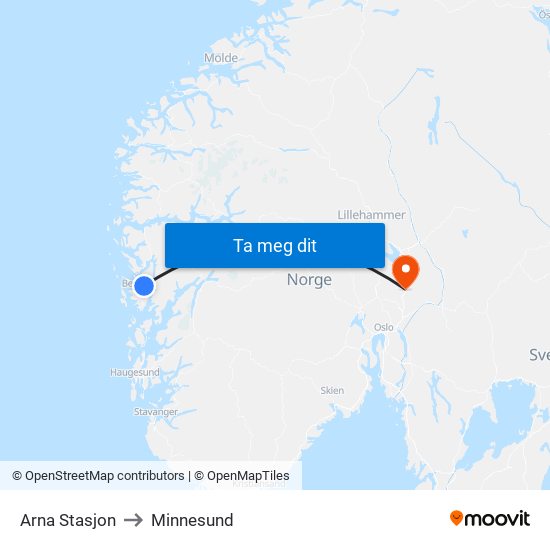 Arna Stasjon to Minnesund map