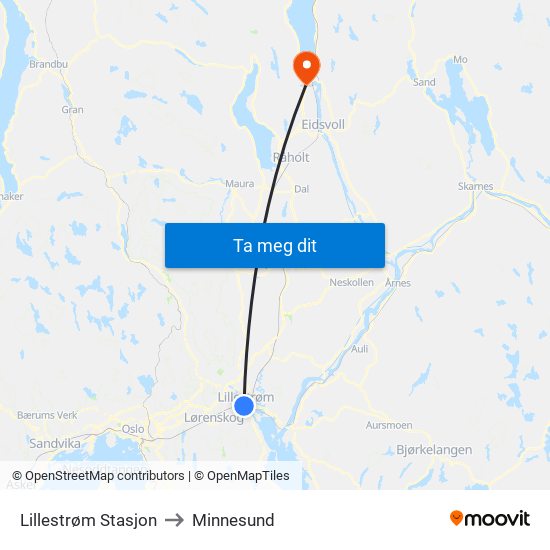 Lillestrøm Stasjon to Minnesund map