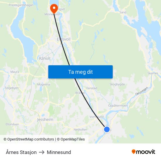 Årnes Stasjon to Minnesund map