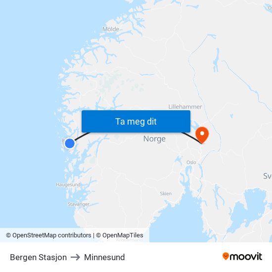 Bergen Stasjon to Minnesund map