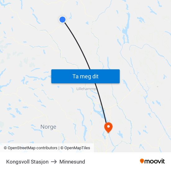 Kongsvoll Stasjon to Minnesund map