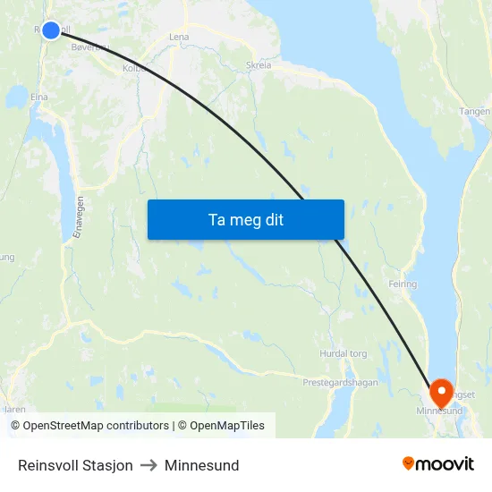 Reinsvoll Stasjon to Minnesund map