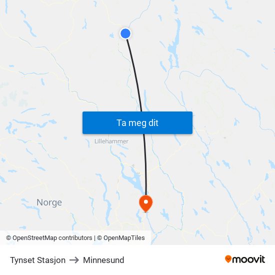 Tynset Stasjon to Minnesund map