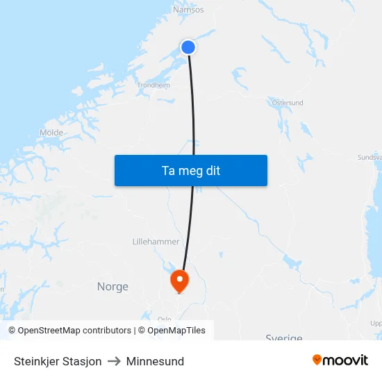 Steinkjer Stasjon to Minnesund map