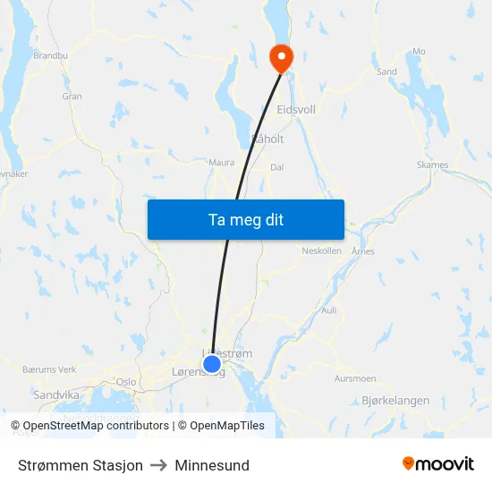 Strømmen Stasjon to Minnesund map