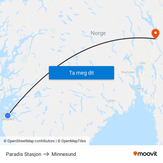 Paradis Stasjon to Minnesund map
