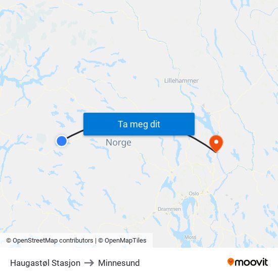 Haugastøl Stasjon to Minnesund map