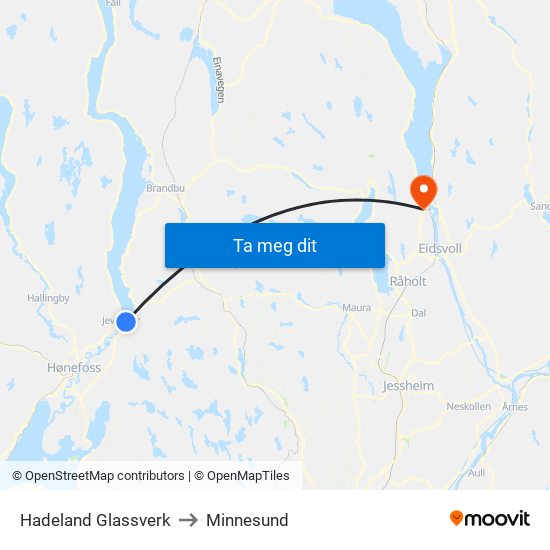 Hadeland Glassverk to Minnesund map