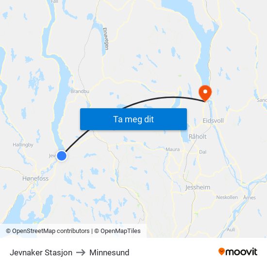 Jevnaker Stasjon to Minnesund map