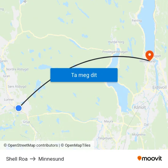 Shell Roa to Minnesund map