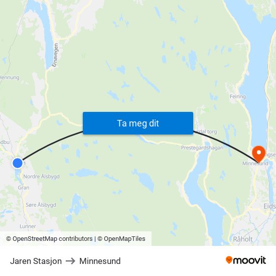 Jaren Stasjon to Minnesund map