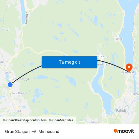 Gran Stasjon to Minnesund map