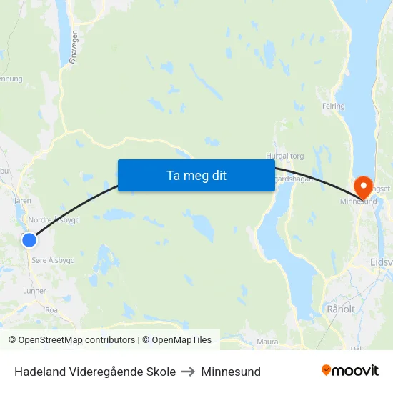 Hadeland Videregående Skole to Minnesund map
