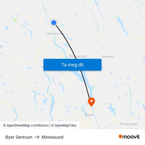 Øyer Sentrum to Minnesund map